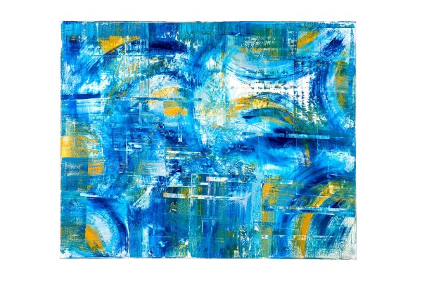 Abstraktes Bild von Carell in Blau- und Gelbtönen, Mai 2018, 200 x 162 cm, Acryl auf Leinwand